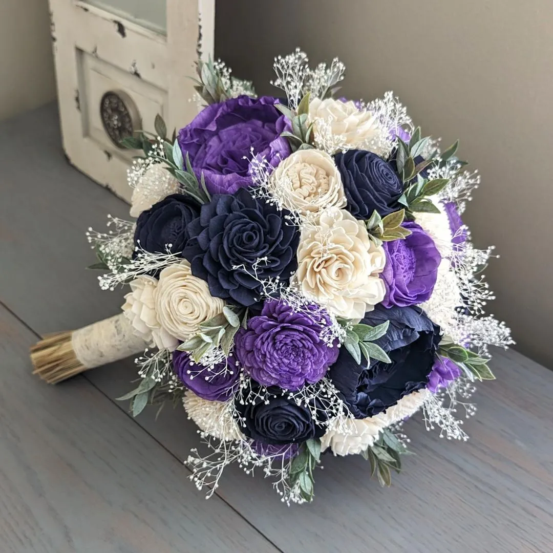 Navy, Purple, and Ivory Bouquet with Baby's Breath and Greenery