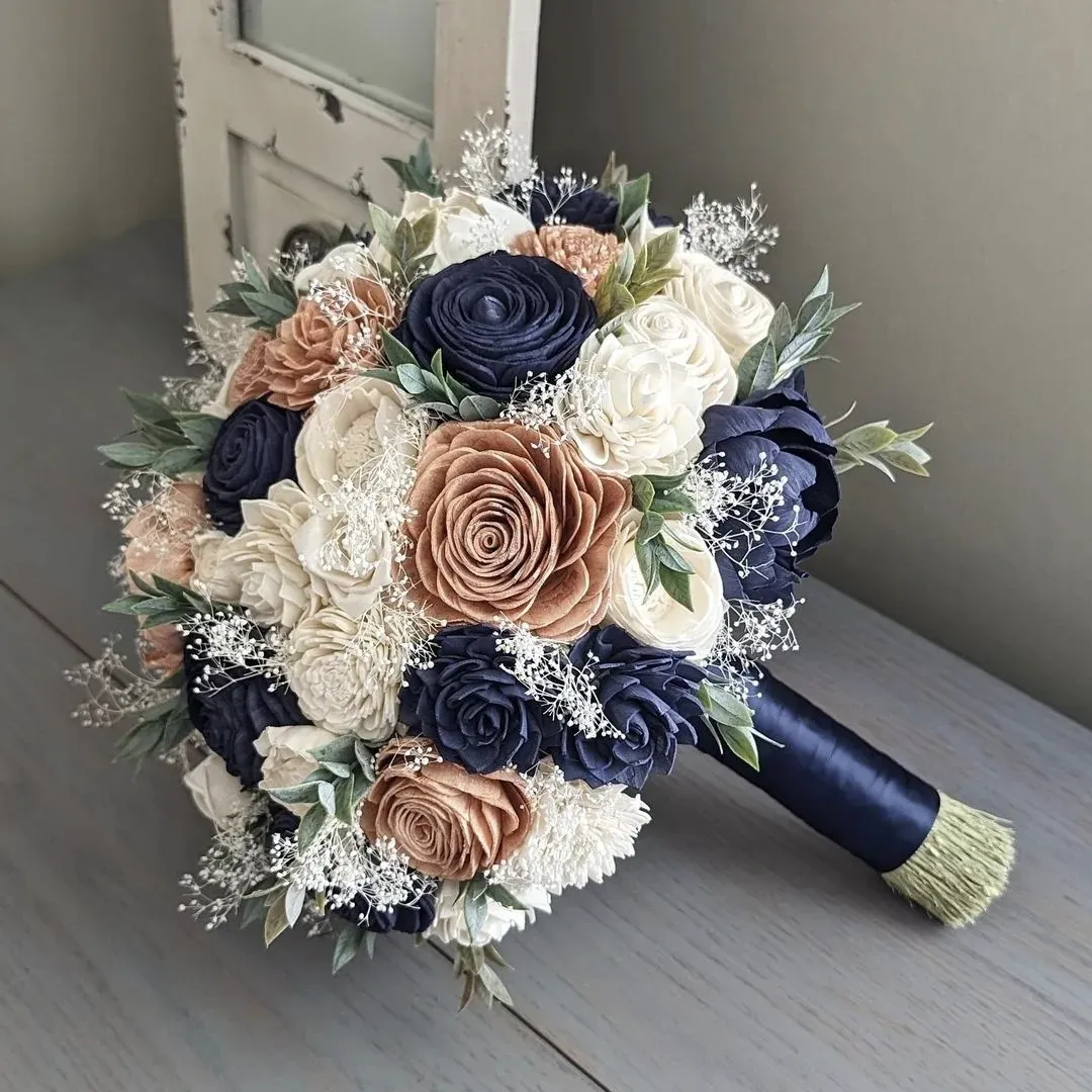 Navy, Rose Gold, and Ivory Bouquet with Baby's Breath and Greenery