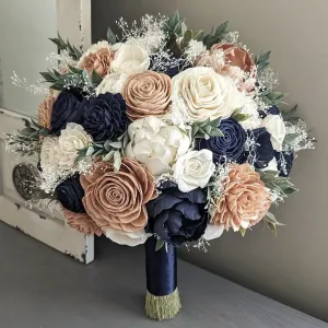 Navy, Rose Gold, and Ivory Bouquet with Baby's Breath and Greenery