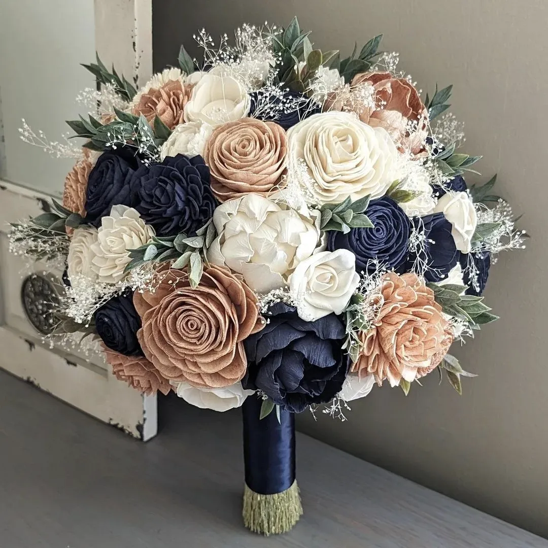 Navy, Rose Gold, and Ivory Bouquet with Baby's Breath and Greenery