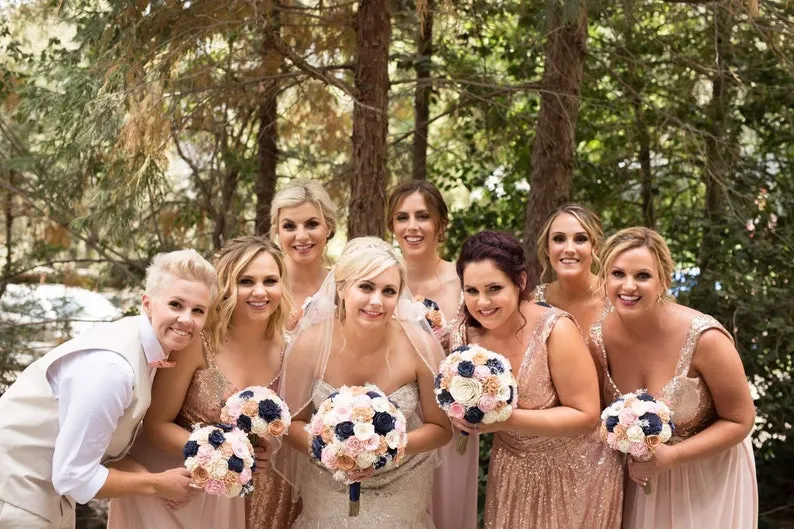 Navy, Rose Gold, Blush, and Ivory Bouquet with Baby's Breath