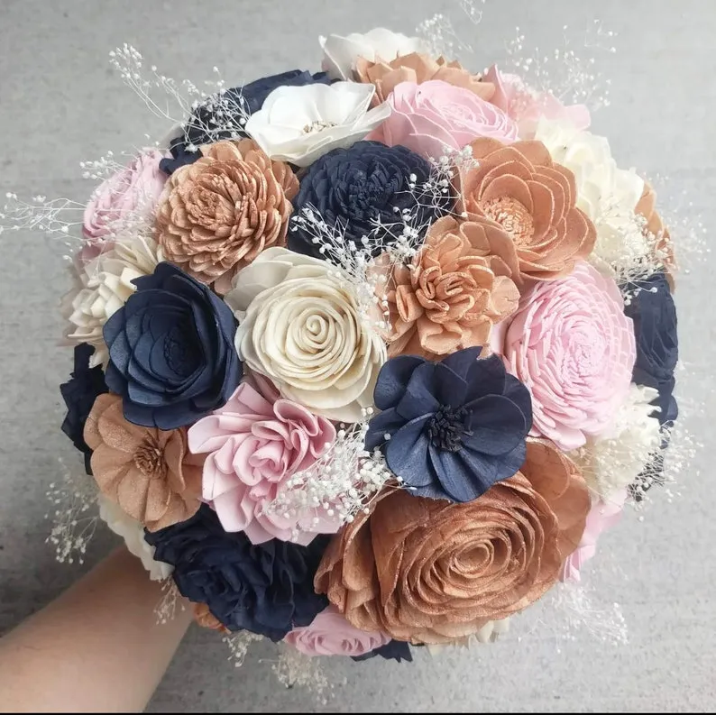 Navy, Rose Gold, Blush, and Ivory Bouquet with Baby's Breath