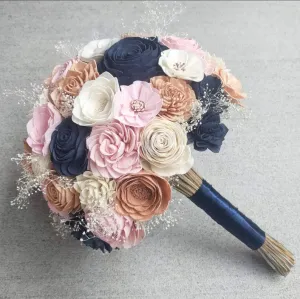 Navy, Rose Gold, Blush, and Ivory Bouquet with Baby's Breath