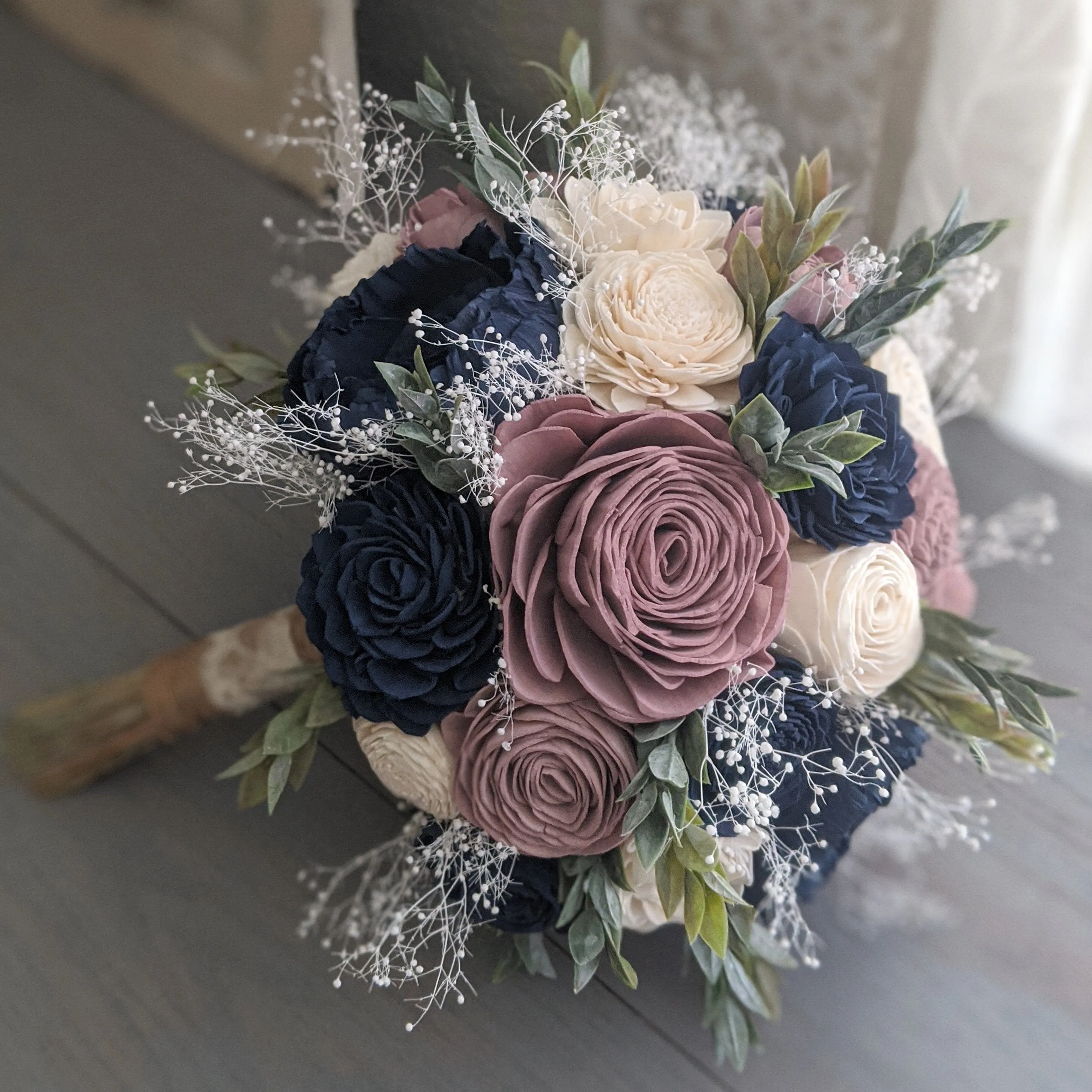 Navy, Rose Quartz, and Ivory Bouquet with Baby's Breath and Greenery