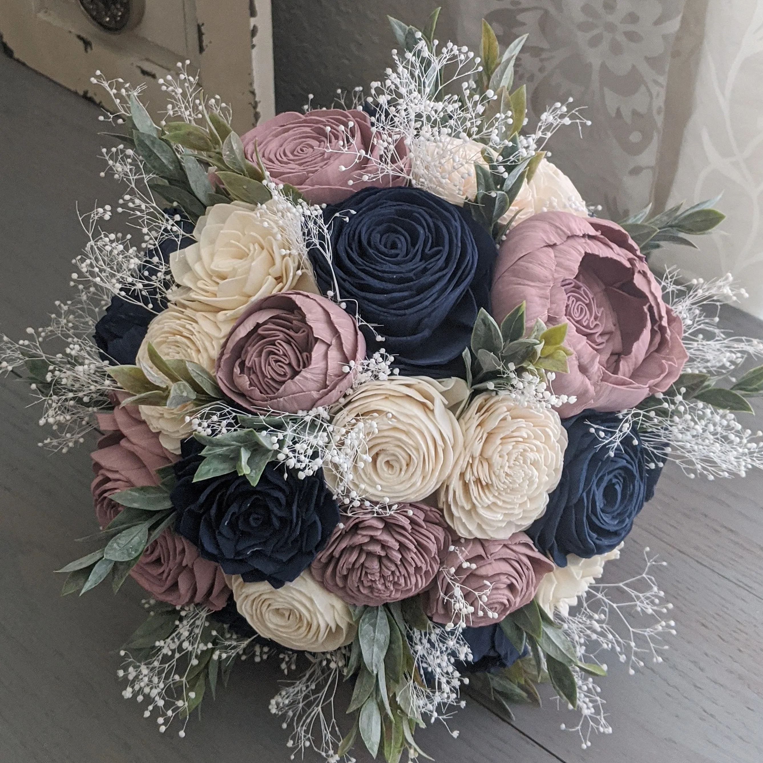 Navy, Rose Quartz, and Ivory Bouquet with Baby's Breath and Greenery