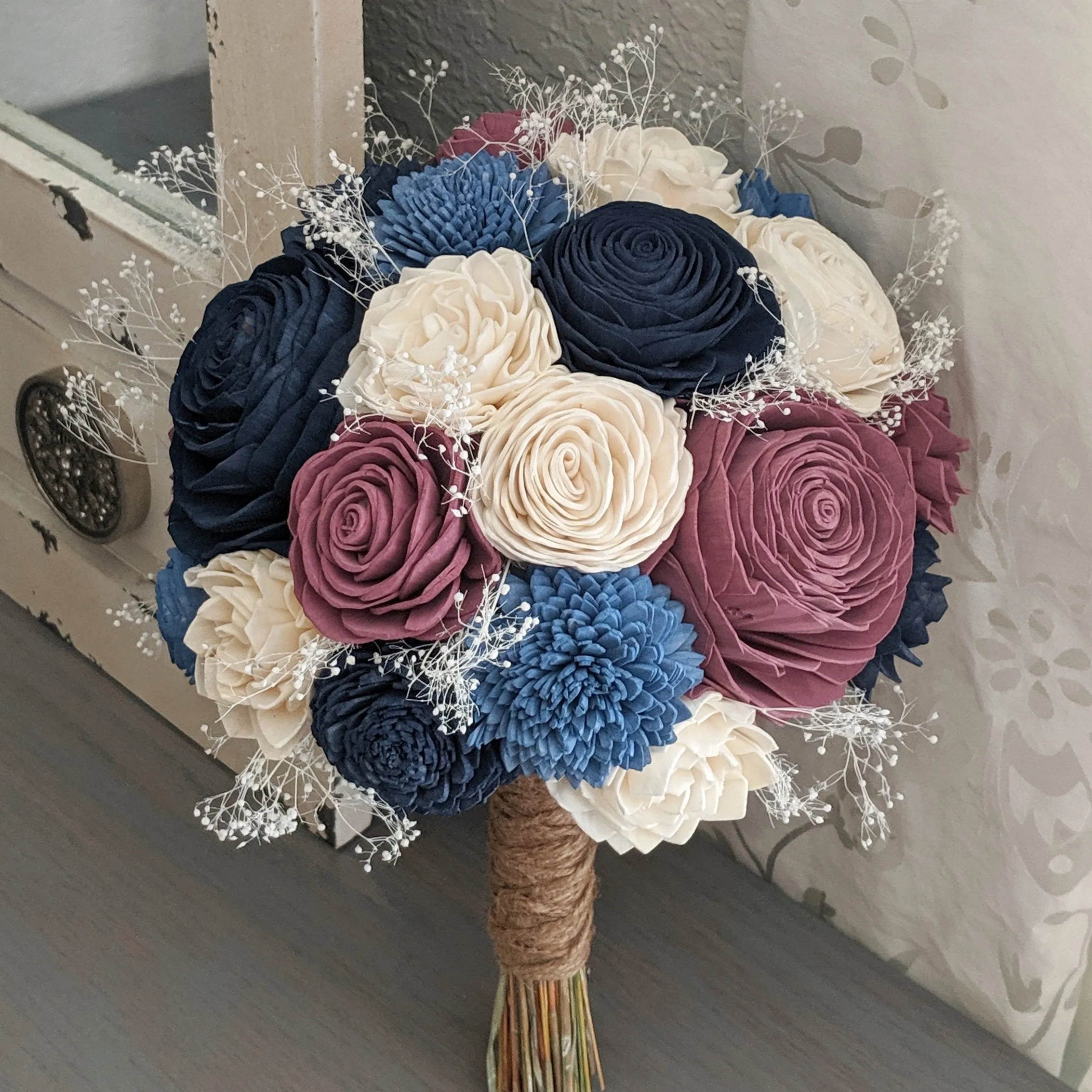 Navy, Steel Blue, Mauve, and Ivory Bouquet with Baby's Breath