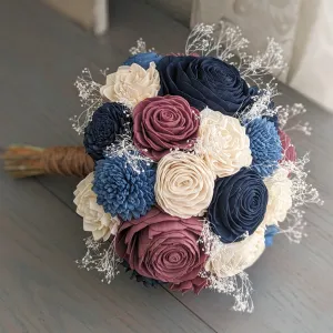 Navy, Steel Blue, Mauve, and Ivory Bouquet with Baby's Breath