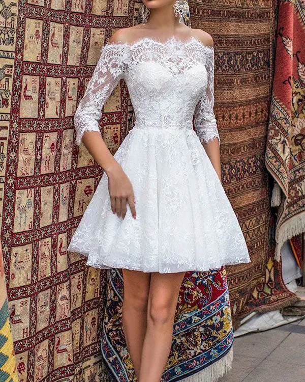 Off The Shoulder Lace Short Wedding Dress with Half Sleeve Mini Length Ball Gowns Bridal Dress