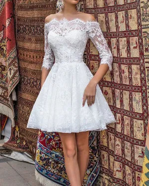 Off The Shoulder Lace Short Wedding Dress with Half Sleeve Mini Length Ball Gowns Bridal Dress