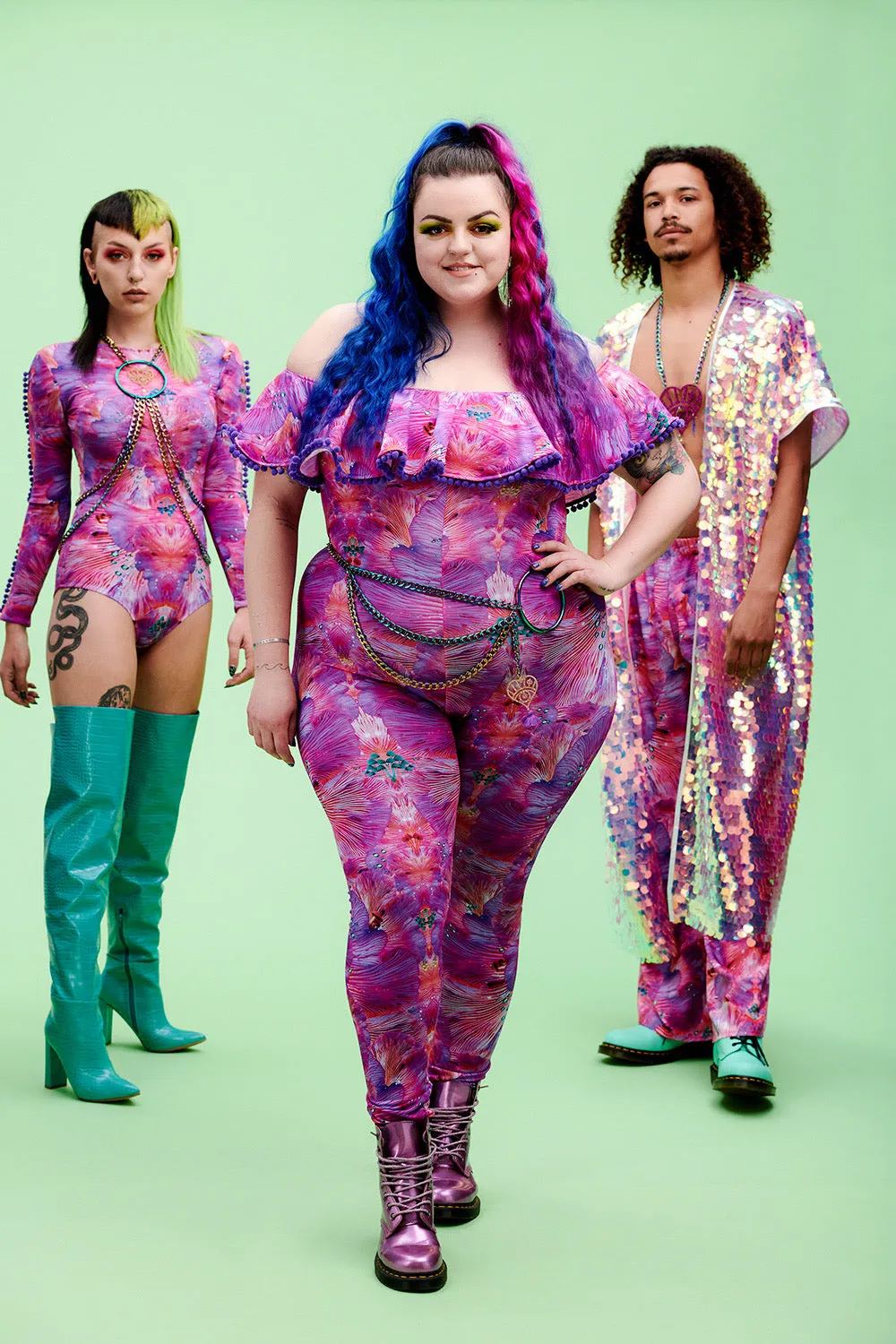 Off-The-Shoulder Lycra Catsuit in Pink Forest of Dreams