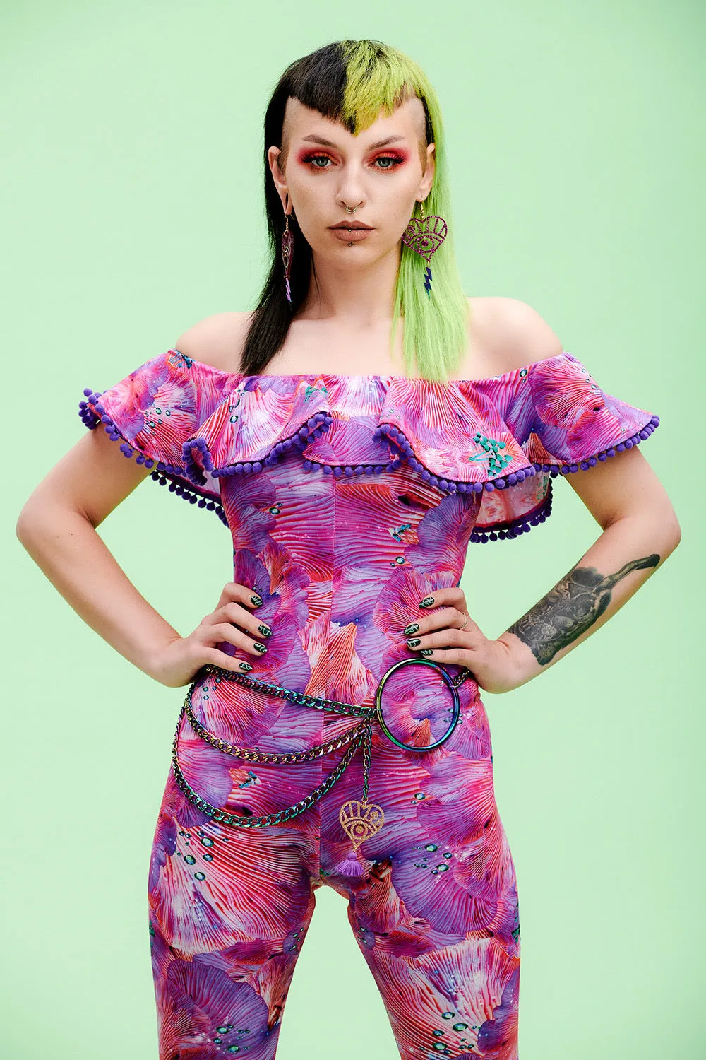 Off-The-Shoulder Lycra Catsuit in Pink Forest of Dreams