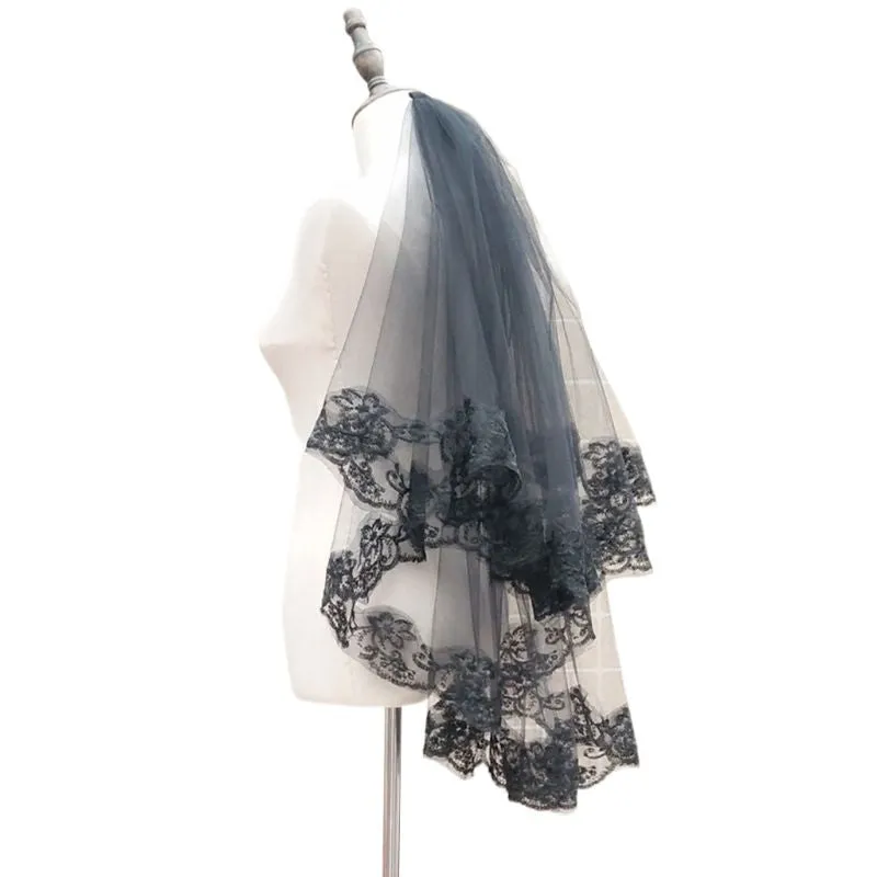 One-Layer  Black Veil Embroidery Floral Lace Trim Bridal Hair Accessories