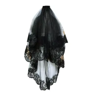 One-Layer  Black Veil Embroidery Floral Lace Trim Bridal Hair Accessories