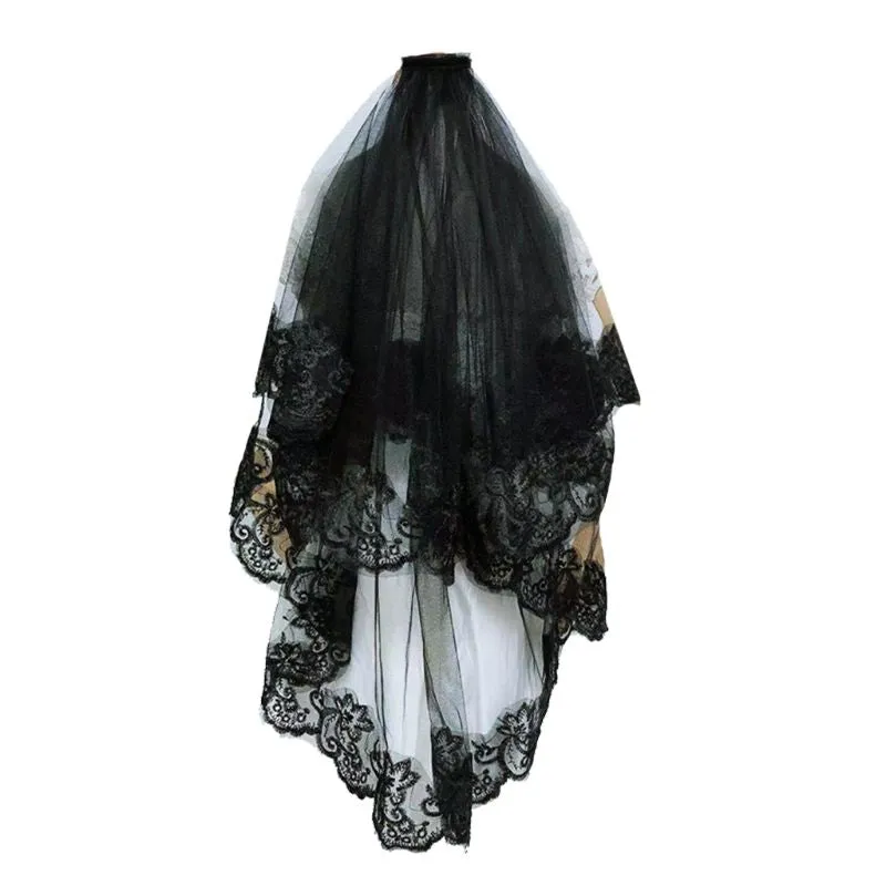 One-Layer  Black Veil Embroidery Floral Lace Trim Bridal Hair Accessories