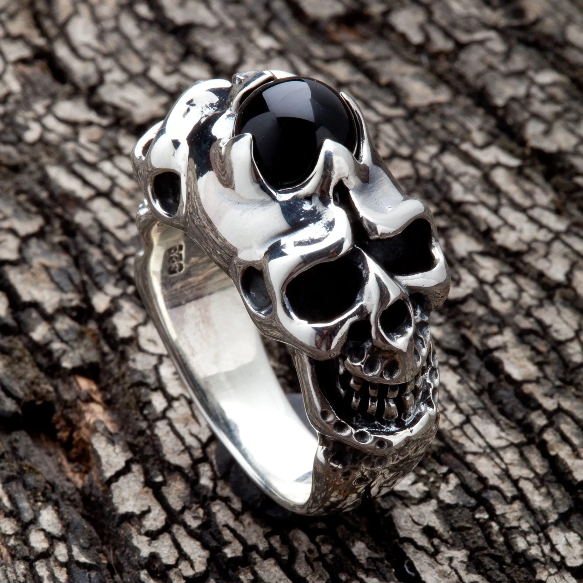 Onyx Devil Skull Sterling Silver Biker Ring