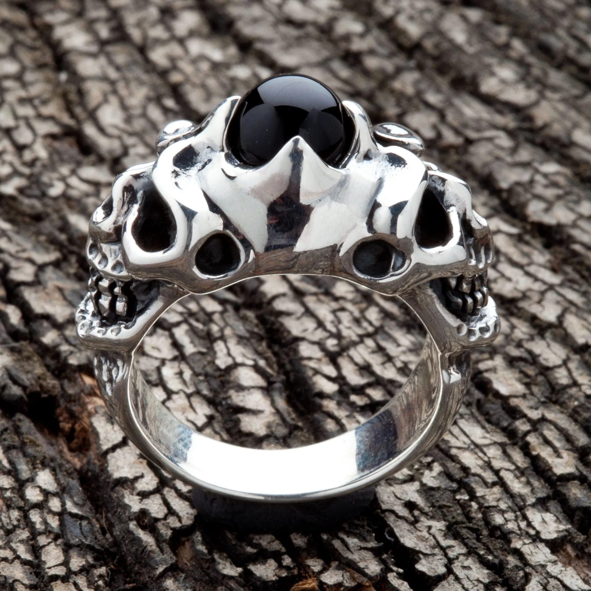 Onyx Devil Skull Sterling Silver Biker Ring