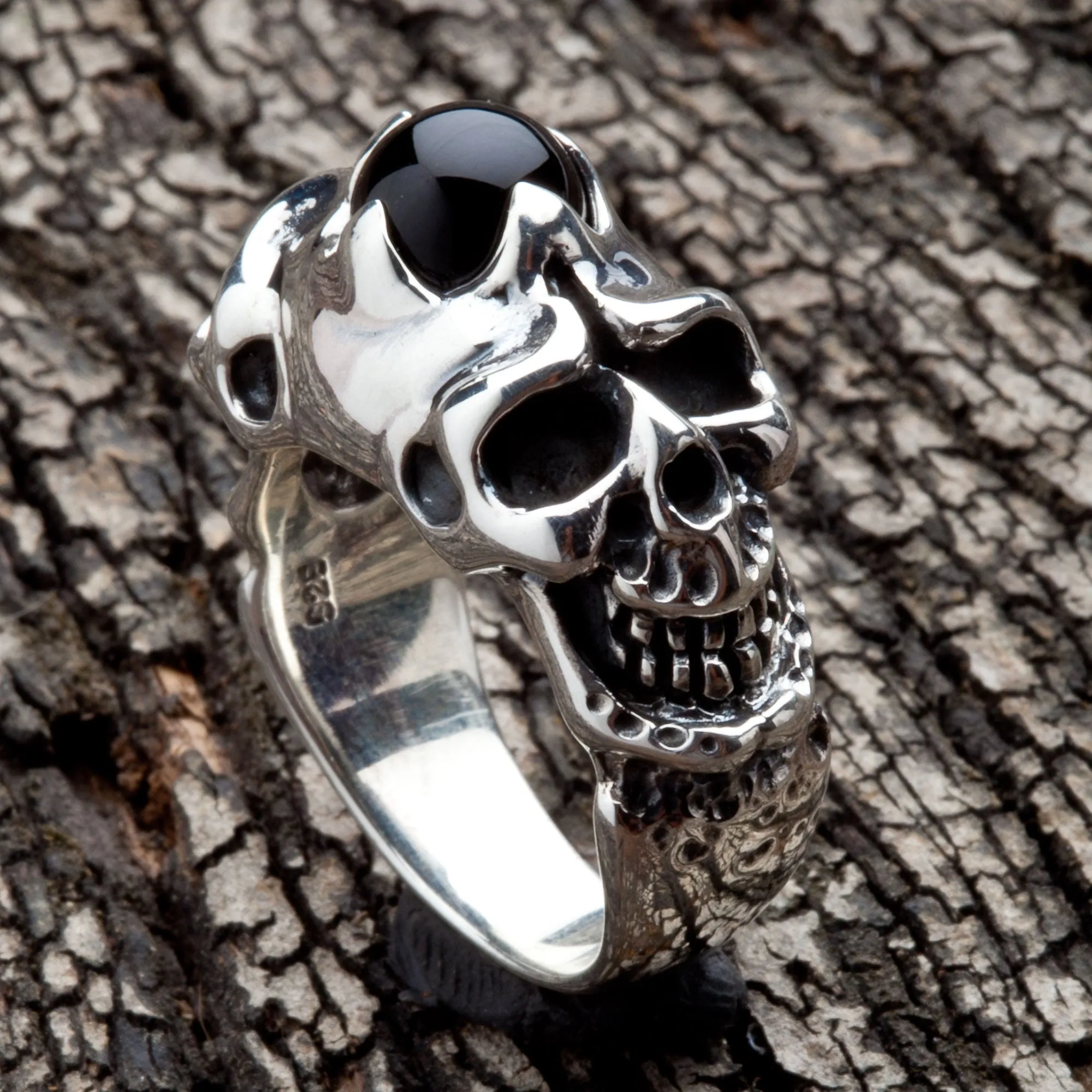 Onyx Devil Skull Sterling Silver Biker Ring