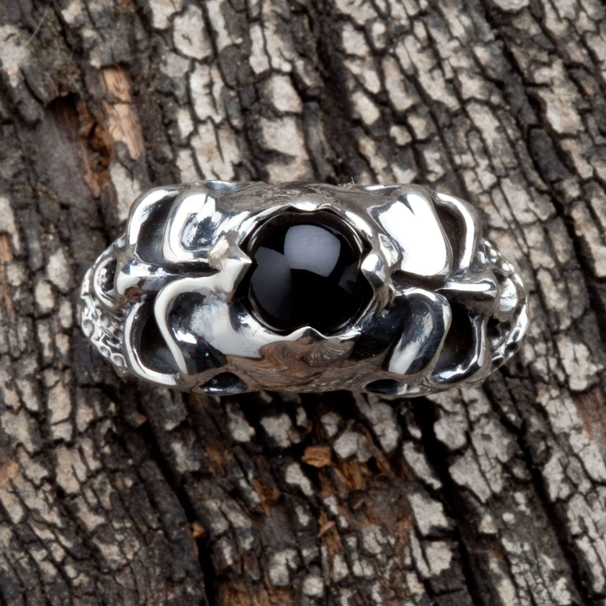 Onyx Devil Skull Sterling Silver Biker Ring