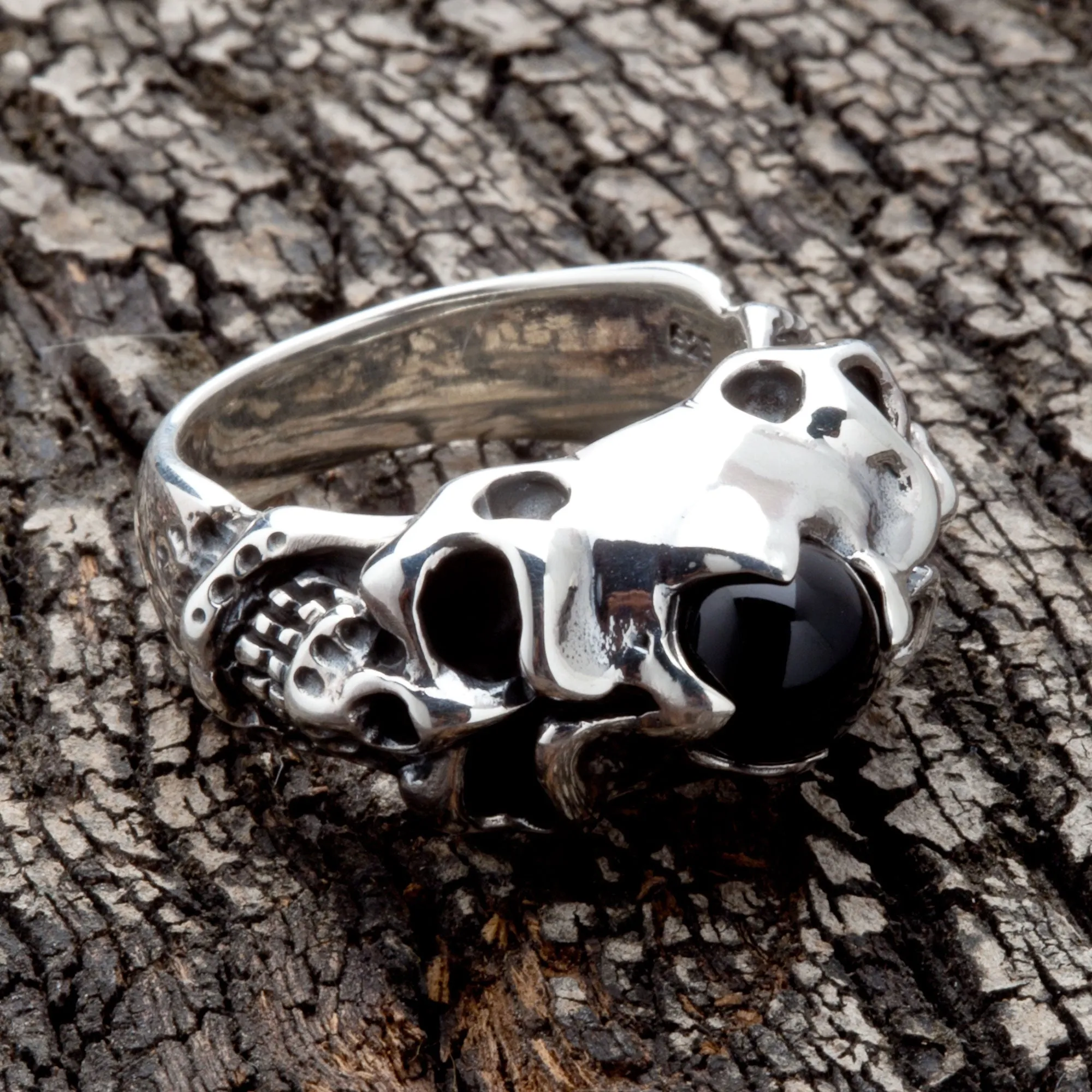 Onyx Devil Skull Sterling Silver Biker Ring