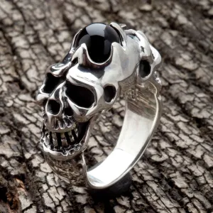 Onyx Devil Skull Sterling Silver Biker Ring