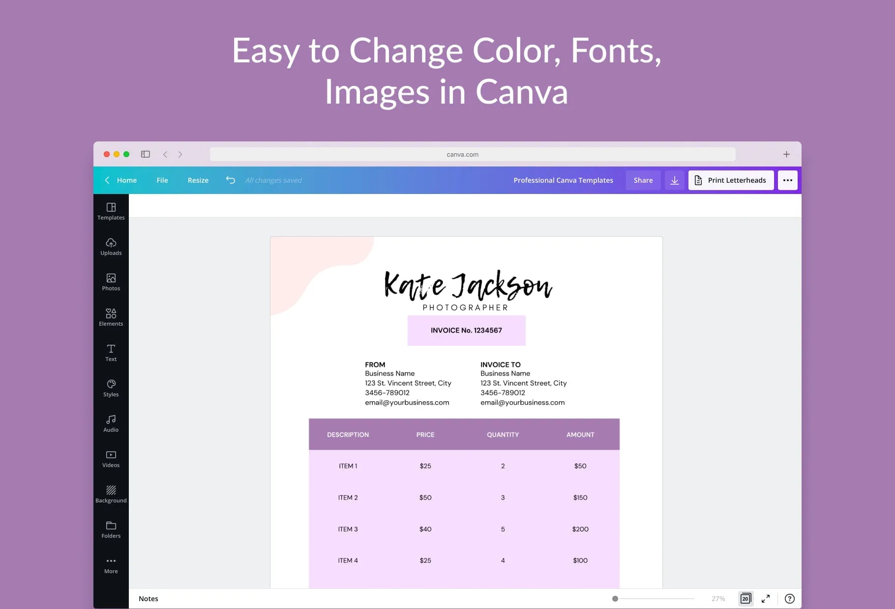 Pale Lavender Invoice Canva Template Printable and Editable