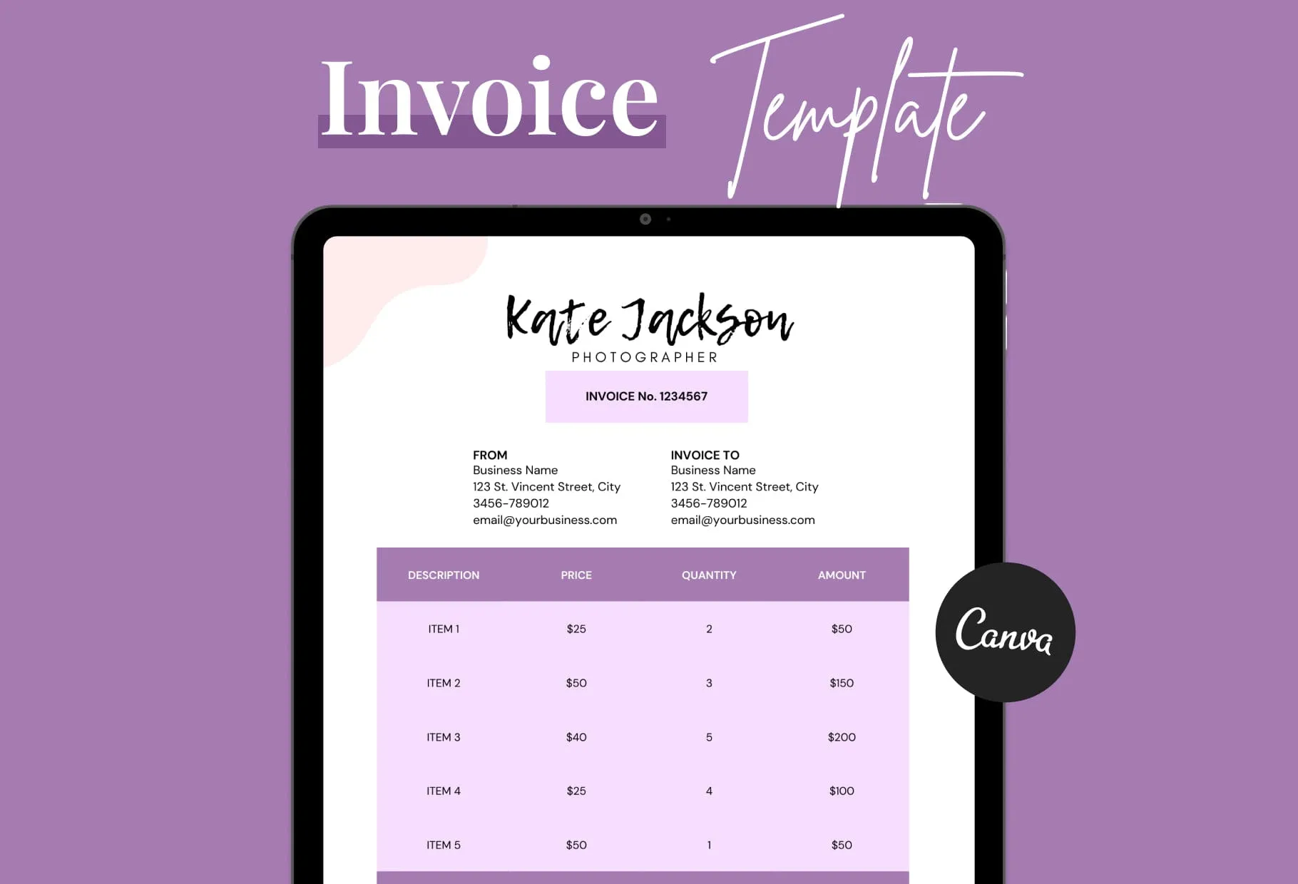 Pale Lavender Invoice Canva Template Printable and Editable
