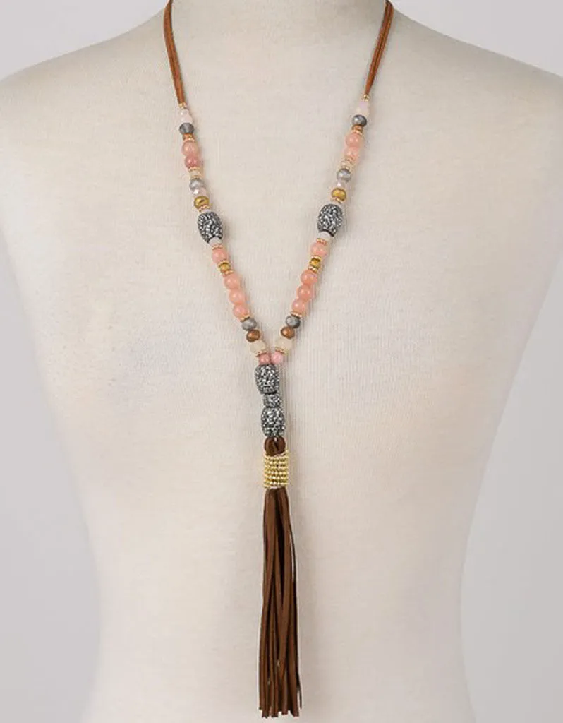 Paltrow Pave Beaded Fringe Tassel Necklace in Brown
