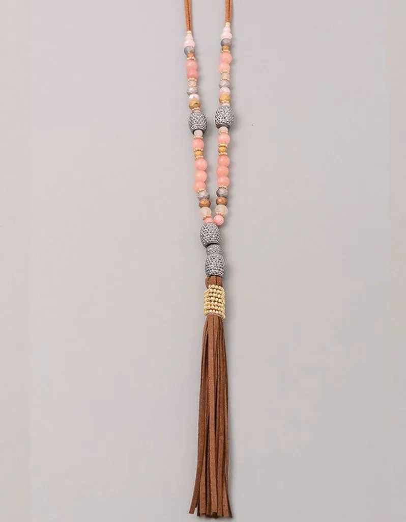 Paltrow Pave Beaded Fringe Tassel Necklace in Brown