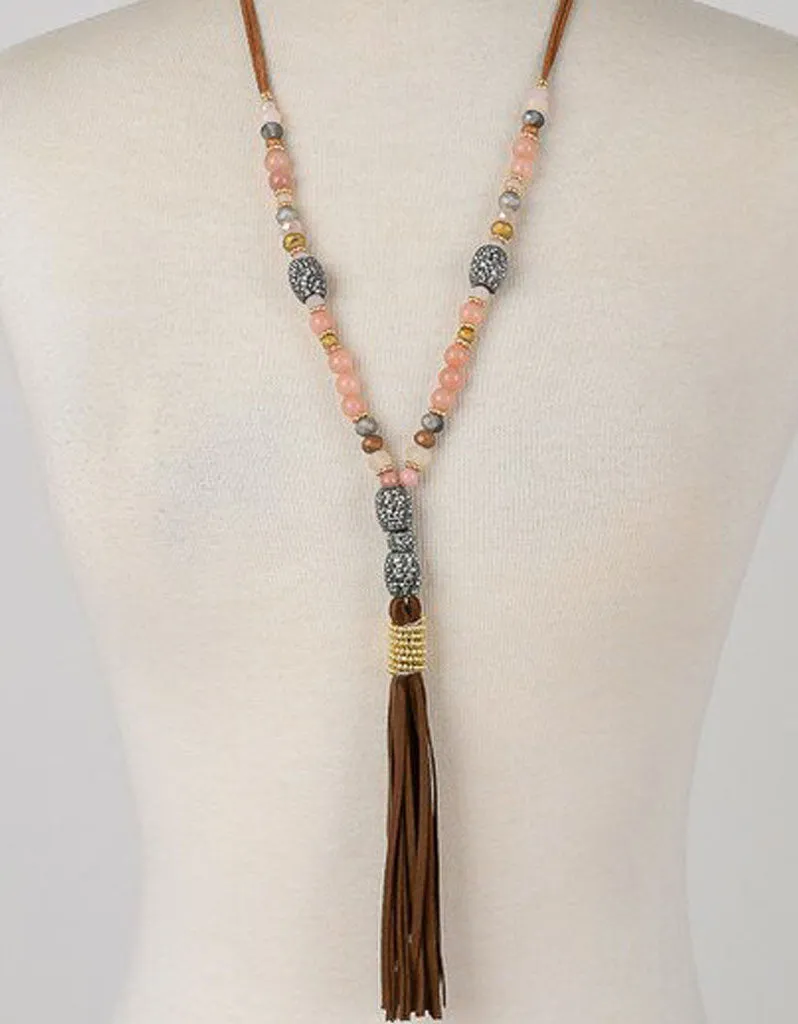 Paltrow Pave Beaded Fringe Tassel Necklace in Brown