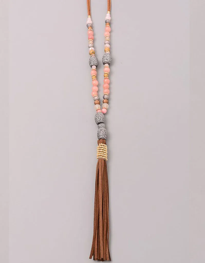 Paltrow Pave Beaded Fringe Tassel Necklace in Brown