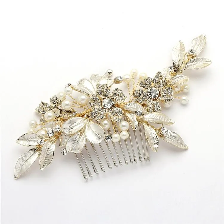 Pave Crystal and Painted Gold Leaves Hair Comb