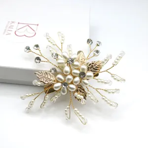 Pearl Flower Small Gold Hairclip, Bridal Swarovski Crystal Hairpiece, Wedding Floral Alligator Hair Clip