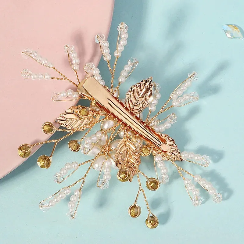 Pearl Flower Small Gold Hairclip, Bridal Swarovski Crystal Hairpiece, Wedding Floral Alligator Hair Clip