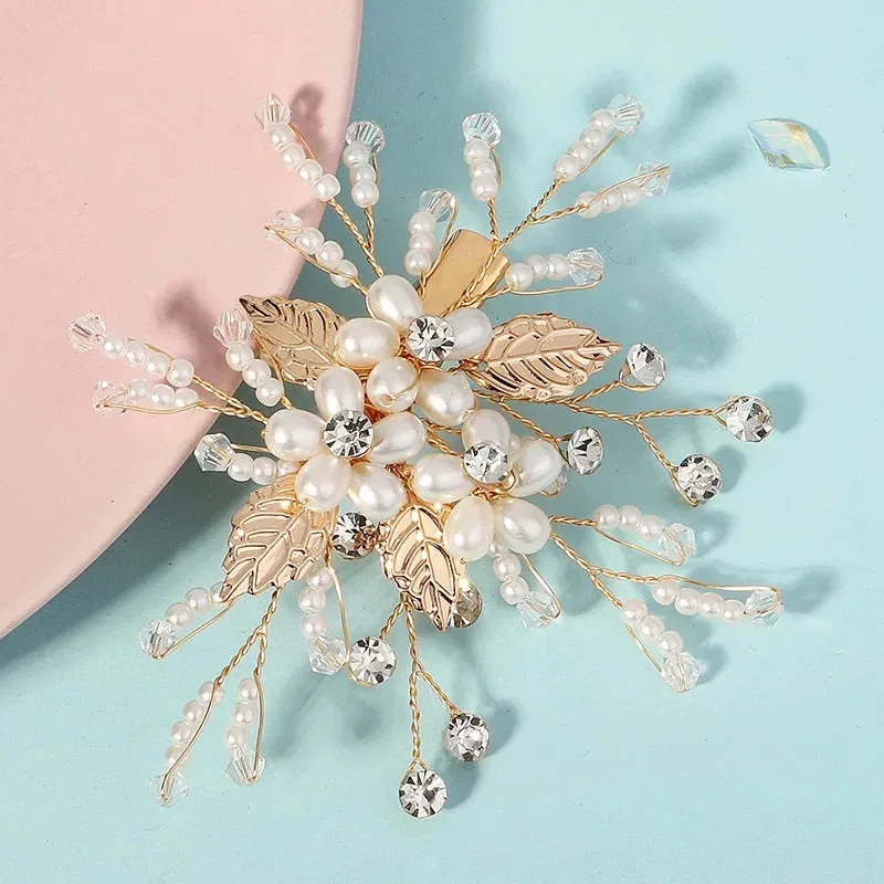 Pearl Flower Small Gold Hairclip, Bridal Swarovski Crystal Hairpiece, Wedding Floral Alligator Hair Clip