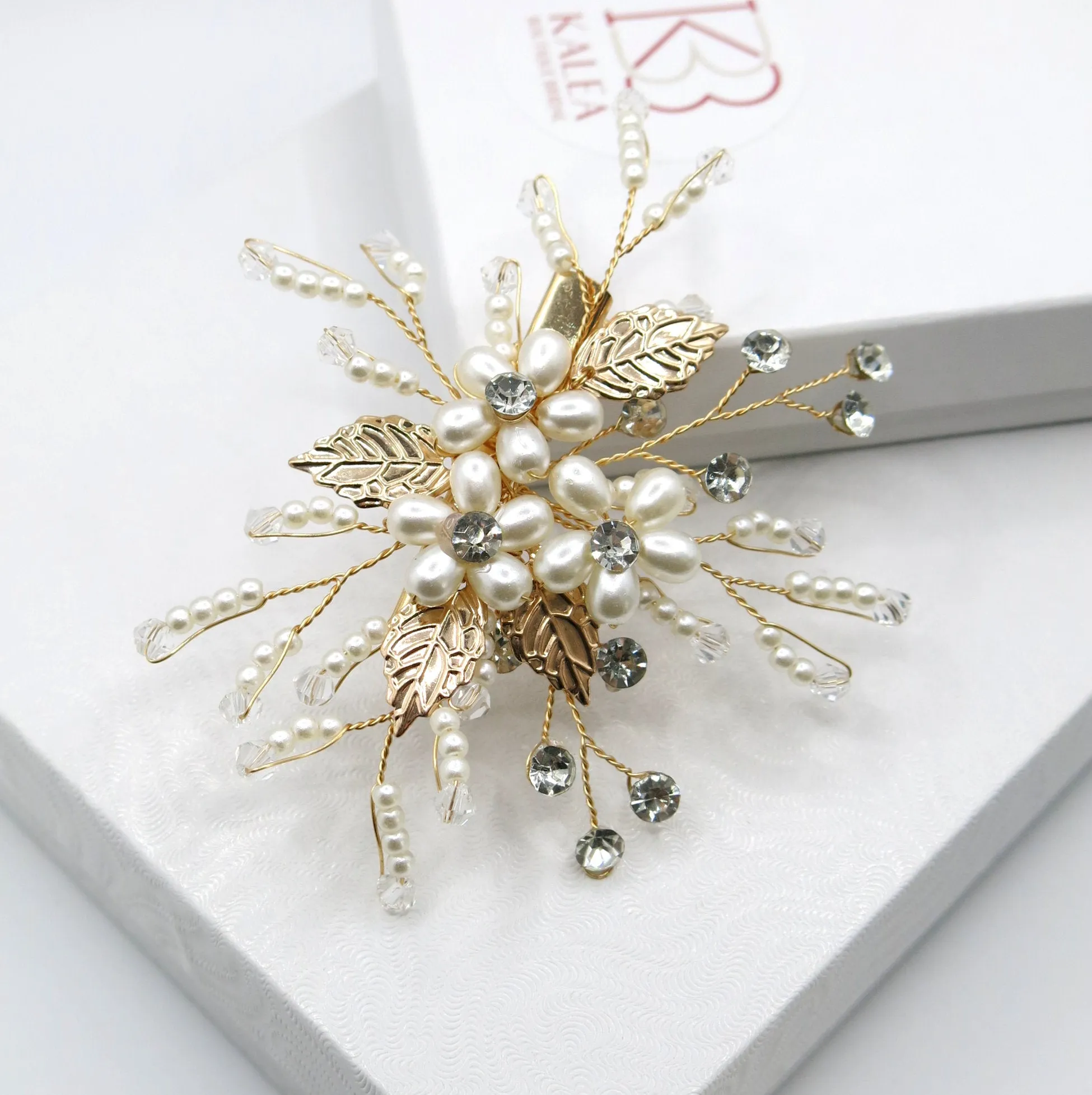 Pearl Flower Small Gold Hairclip, Bridal Swarovski Crystal Hairpiece, Wedding Floral Alligator Hair Clip