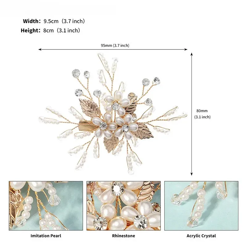 Pearl Flower Small Gold Hairclip, Bridal Swarovski Crystal Hairpiece, Wedding Floral Alligator Hair Clip