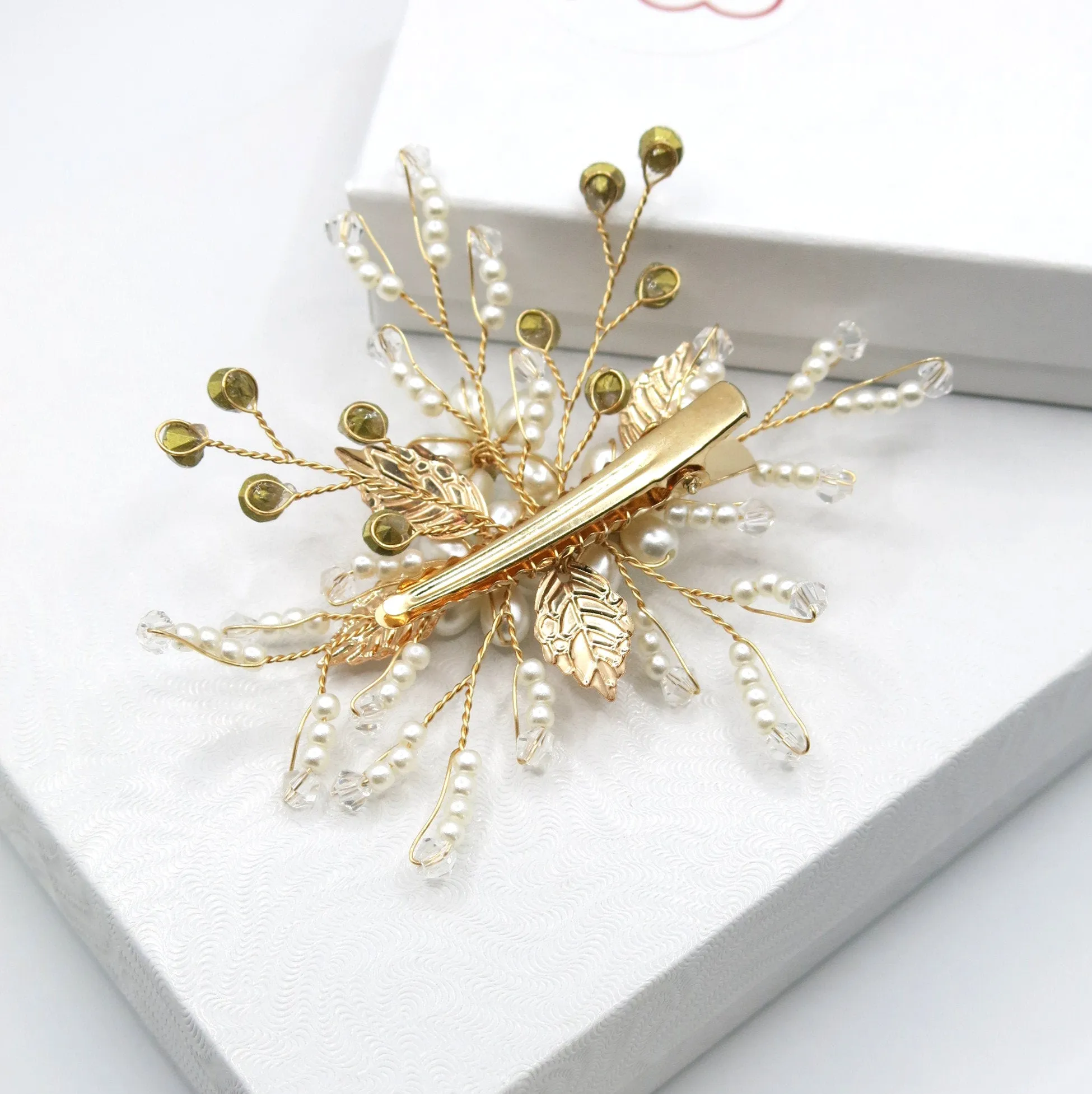 Pearl Flower Small Gold Hairclip, Bridal Swarovski Crystal Hairpiece, Wedding Floral Alligator Hair Clip