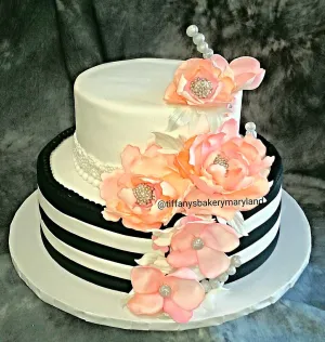 Peony  Celebration Tier Cake With Ribbon Stripes