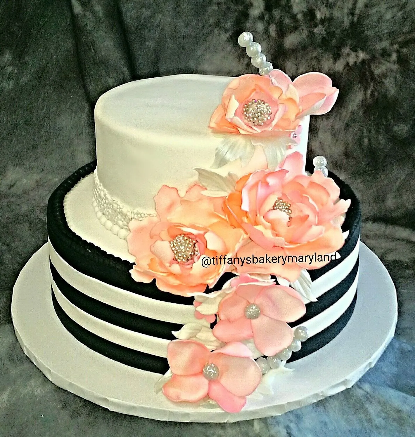 Peony  Celebration Tier Cake With Ribbon Stripes