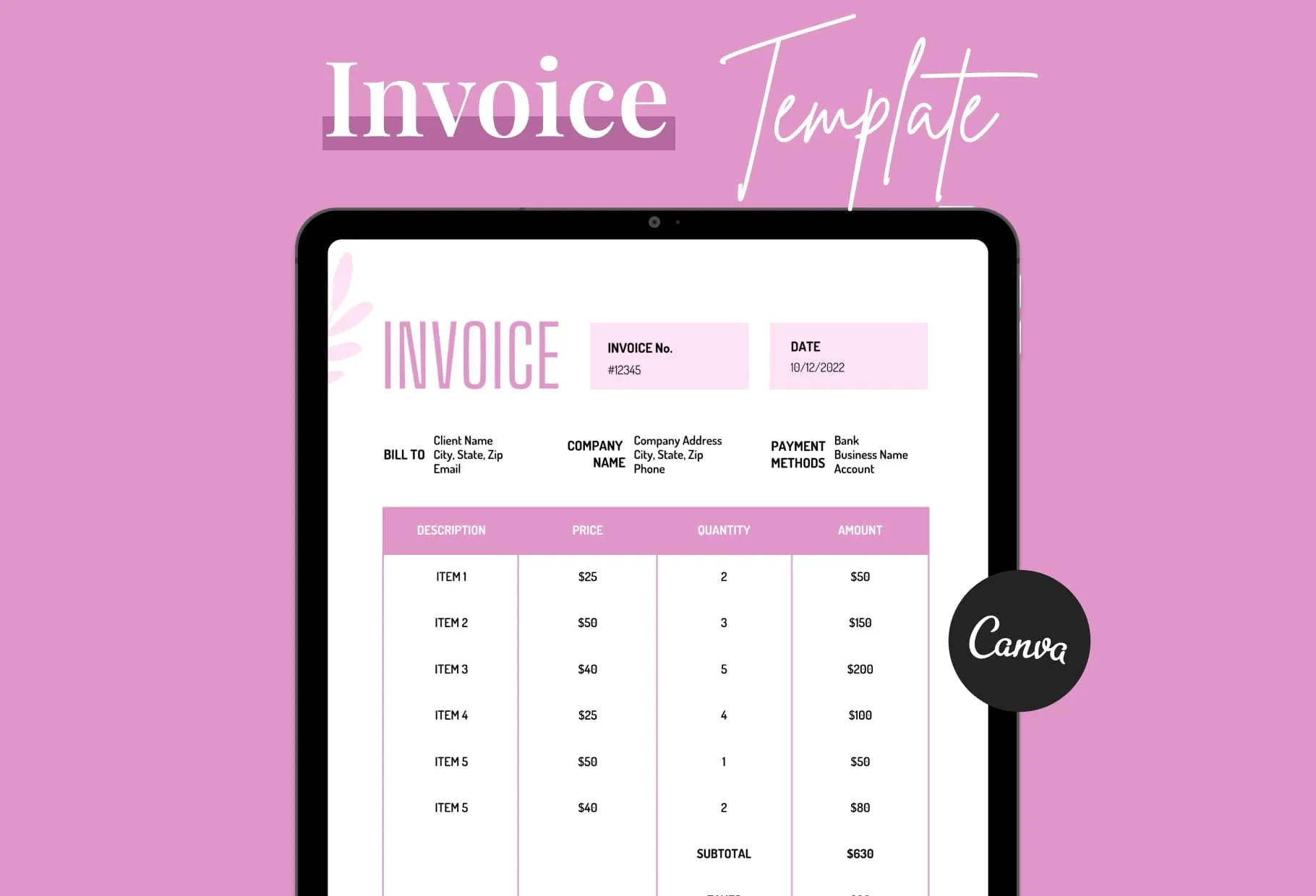 Persian Pink Invoice Canva Template Printable and Editable