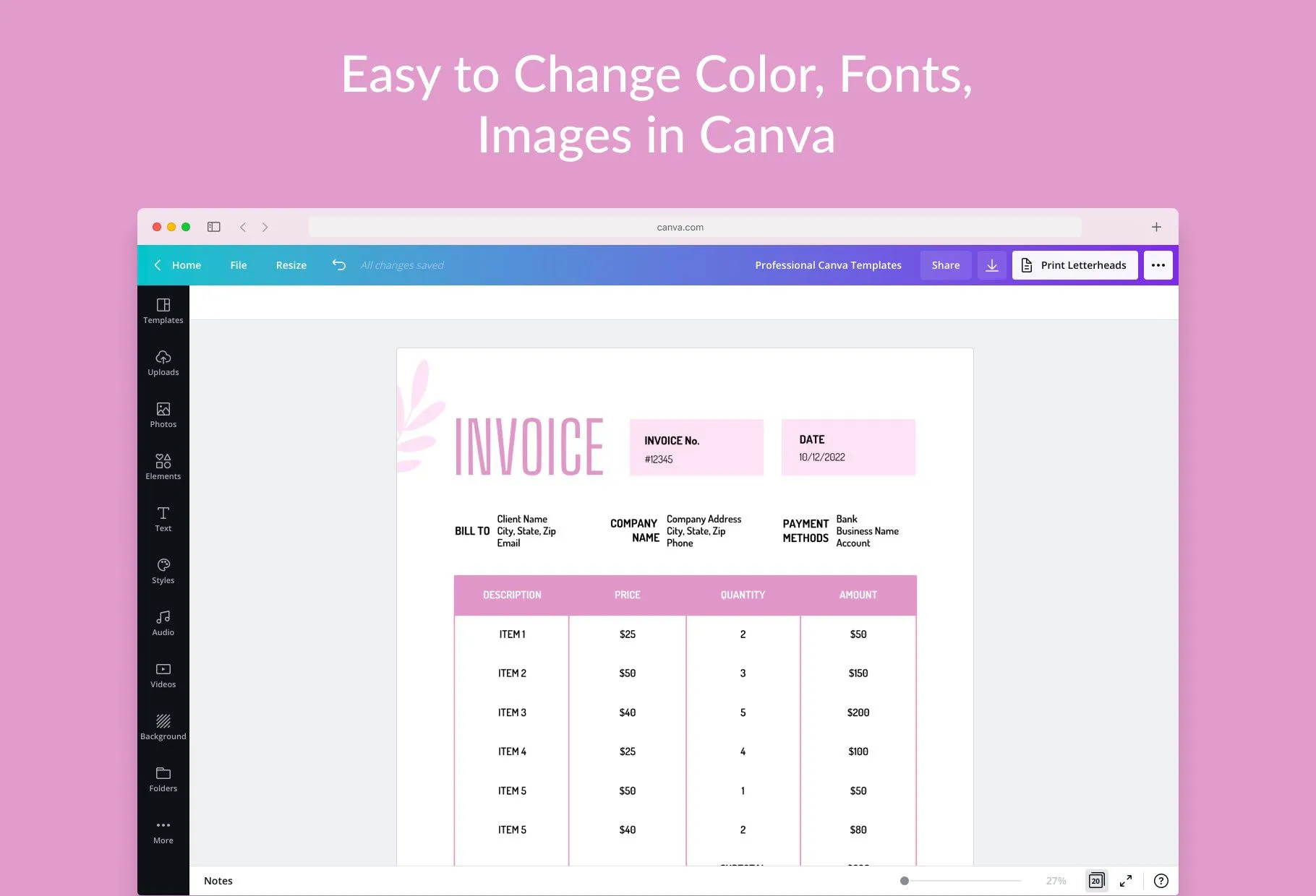 Persian Pink Invoice Canva Template Printable and Editable