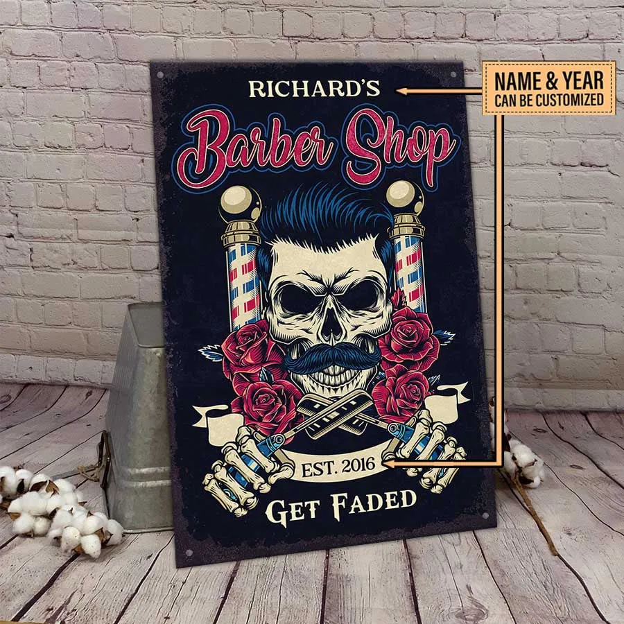Personalized Barber Shop Get Faded Metal Sign