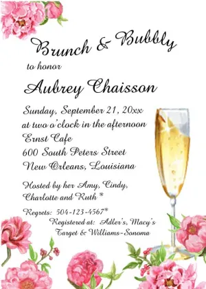 PINK FLOWERS AND FLUTES CUSTOM INVITATION