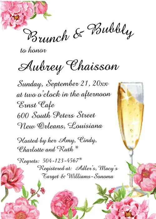 PINK FLOWERS AND FLUTES CUSTOM INVITATION