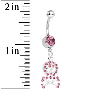 Pink Gem Glam Skull and Crossbones Dangle Belly Ring