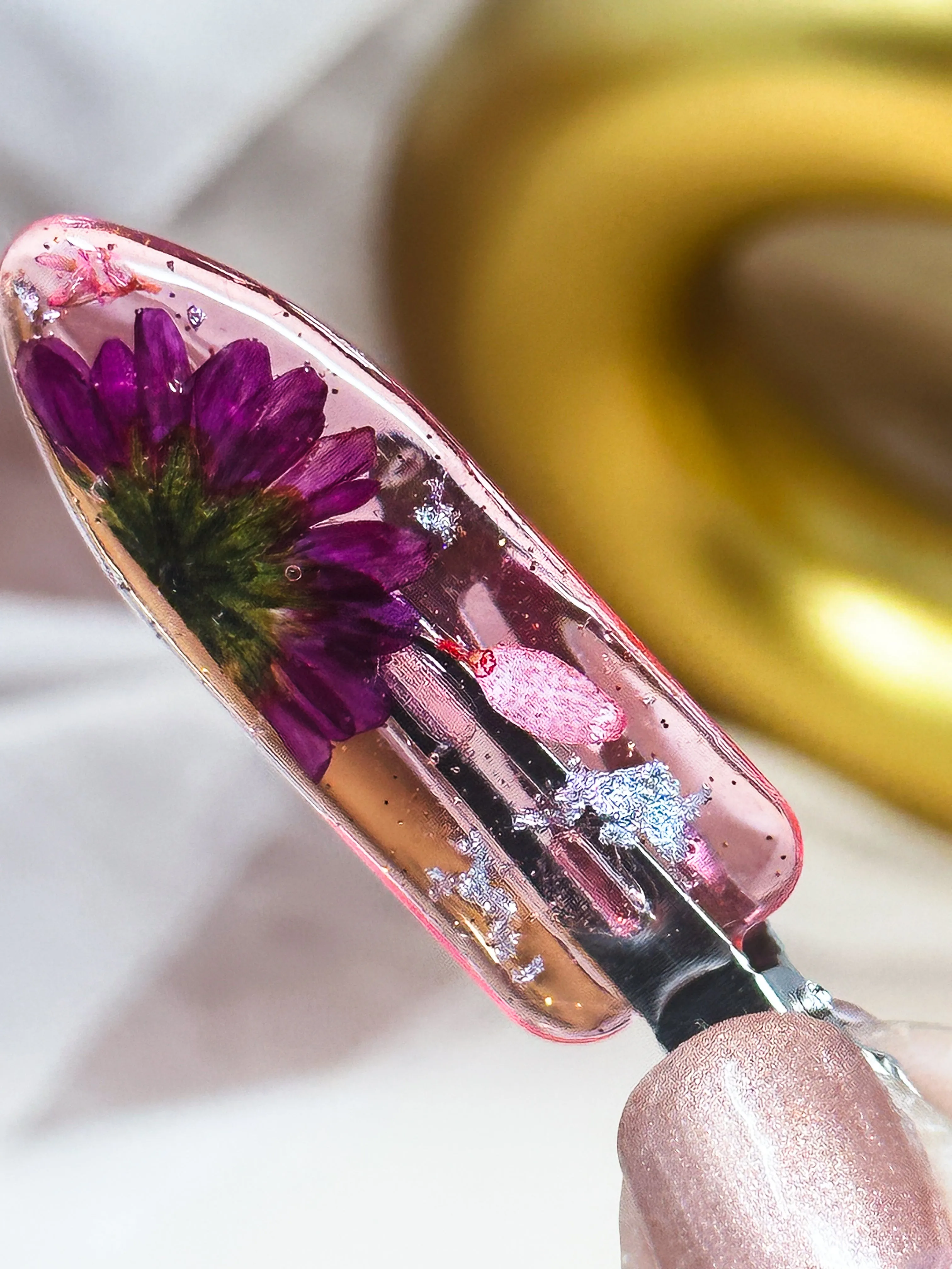 Pink No dent resin clip with Real Pink and Magenta Toned Flowers Cast Inside.