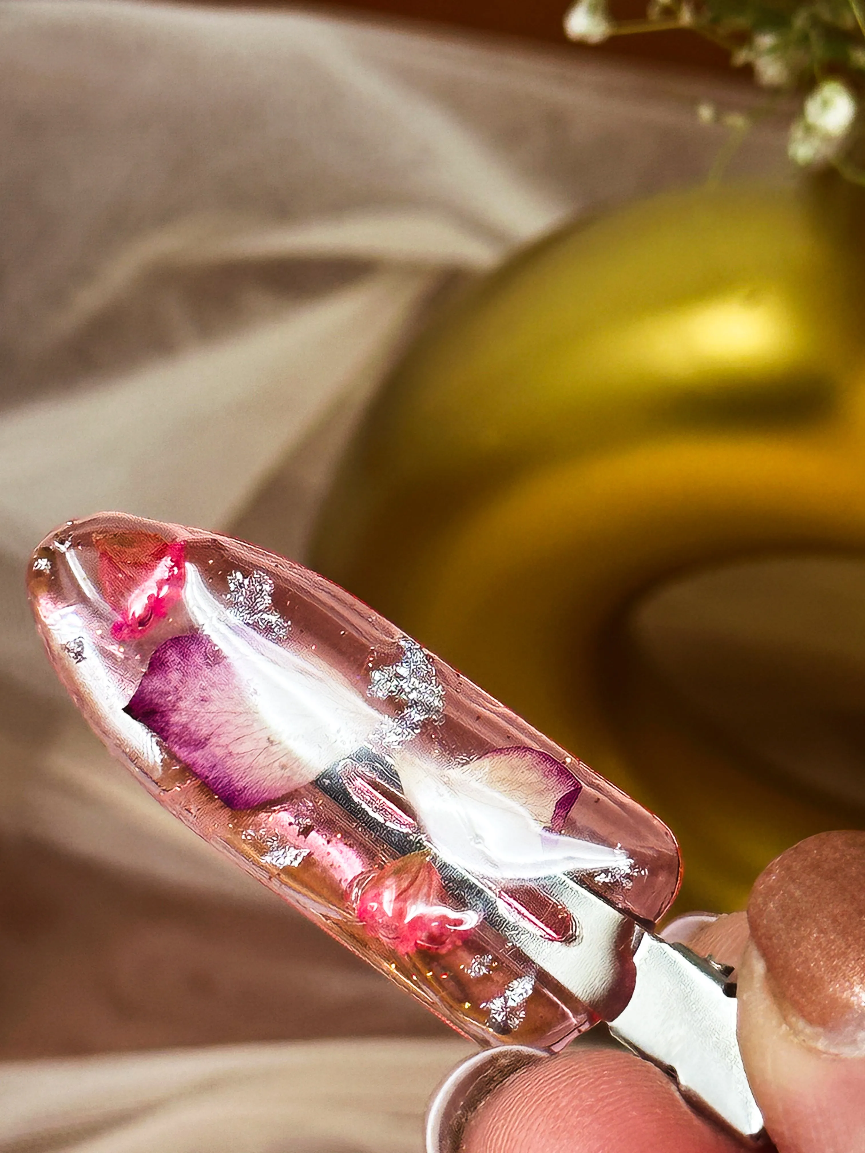 Pink No dent resin clip with Real Pink Toned Flowers Cast Inside.