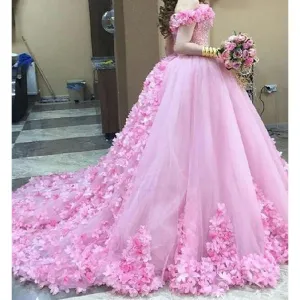 pink wedding dress ball gown 2020 lace appliqué beaded handmade flowers elegant boho wedding gown vestido de novia