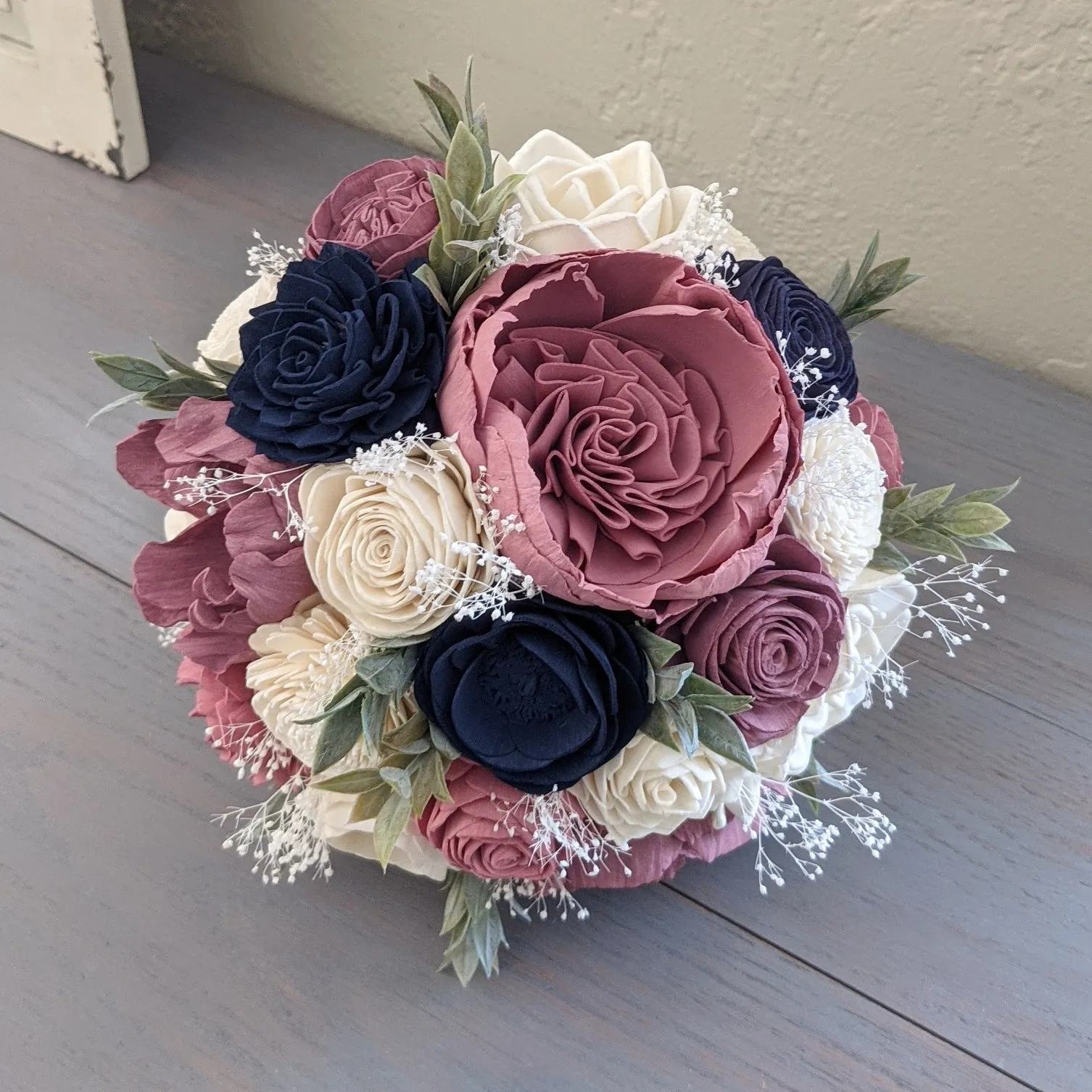 Pinkish Mauve, Navy, Mauve, and Ivory Bouquet with Baby's Breath and Greenery