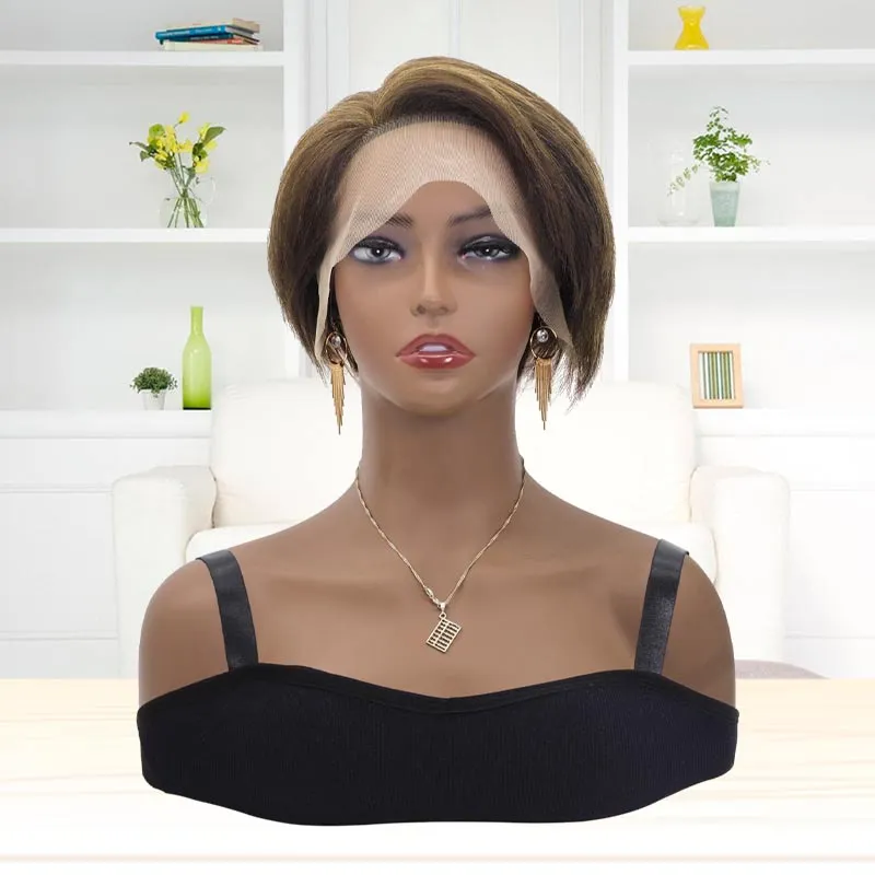 Pixie Cut Wigs Human Hair Lace Front T Part Wig Straight 4/27 Human Hair